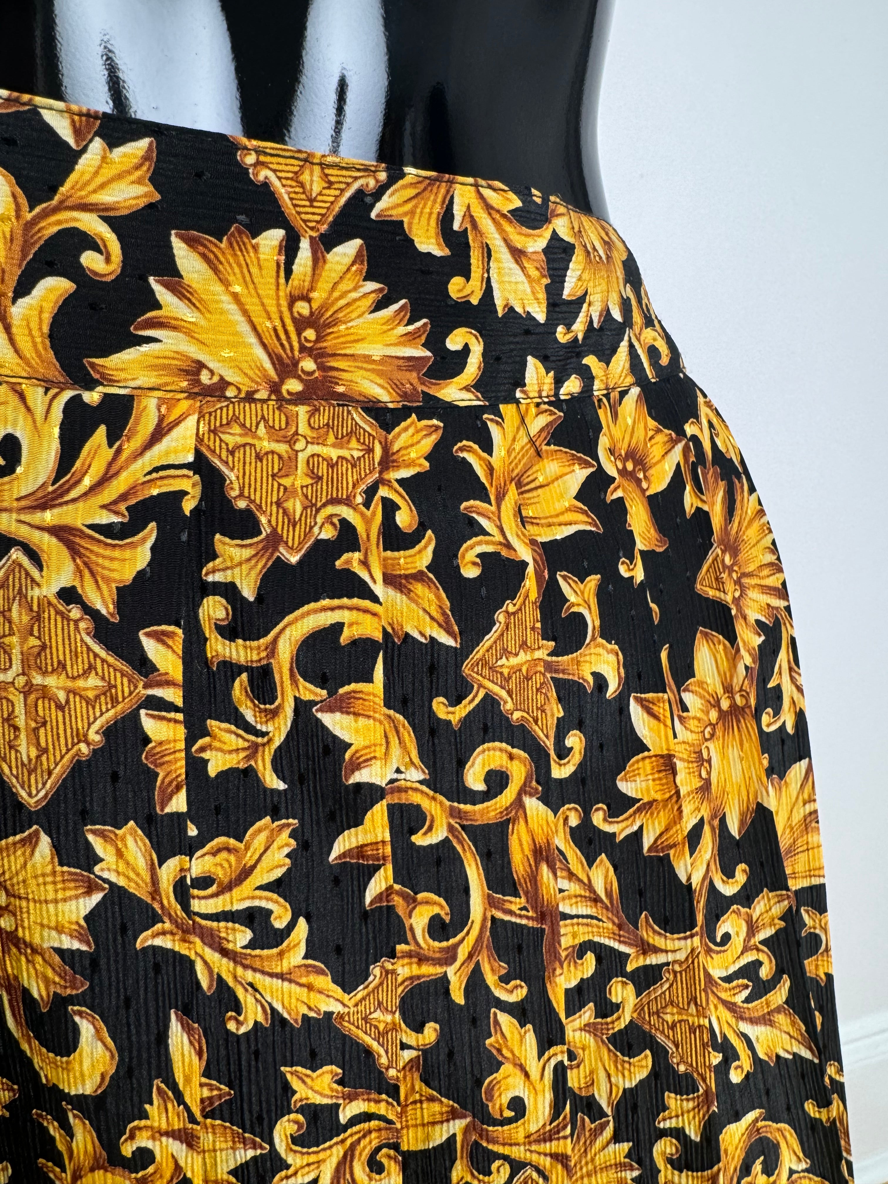 Pleated Midi Skirt with Gold Floral Print