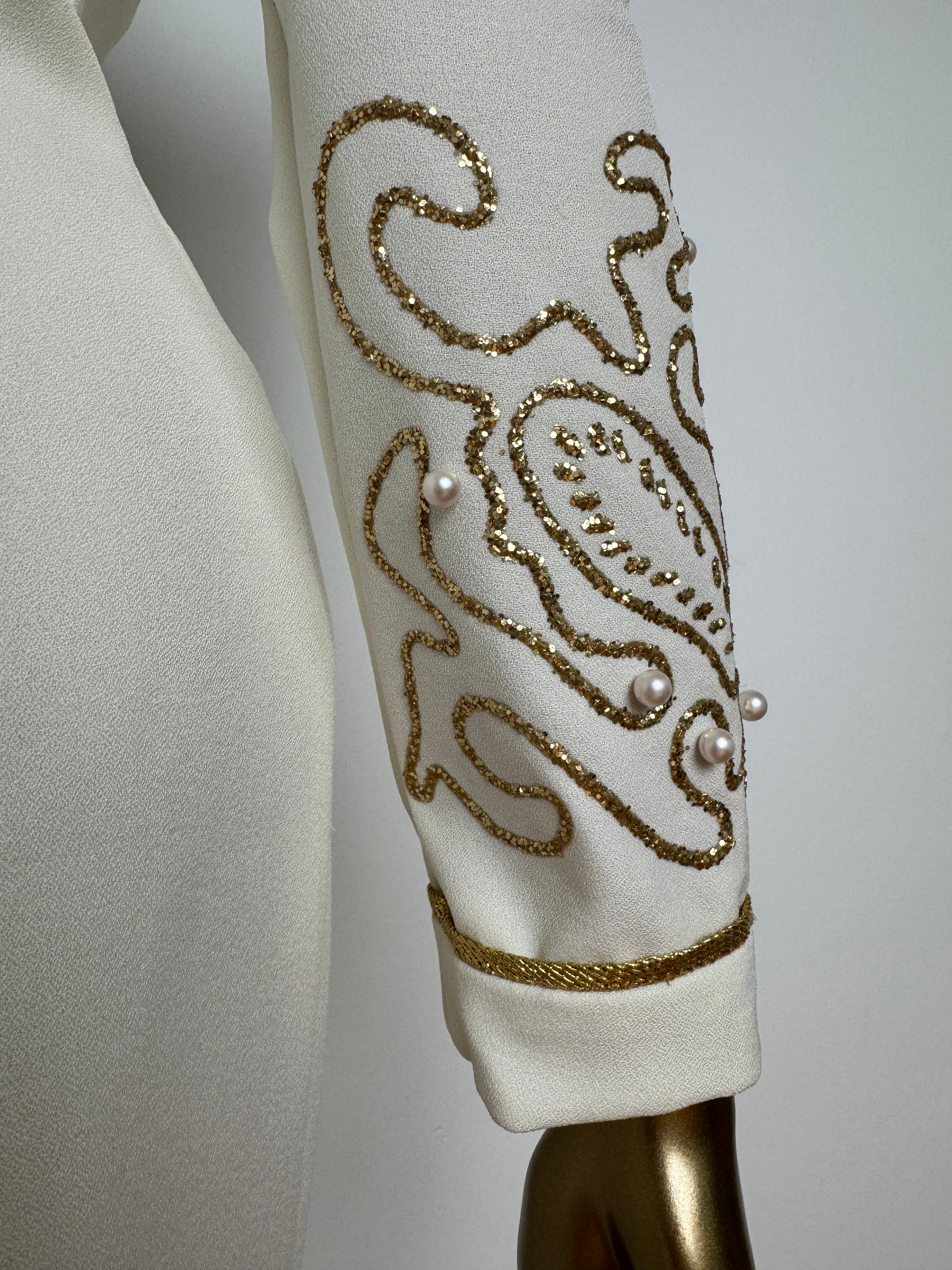 80s Pearl & Gold Puff Sleeve Dress with V Back