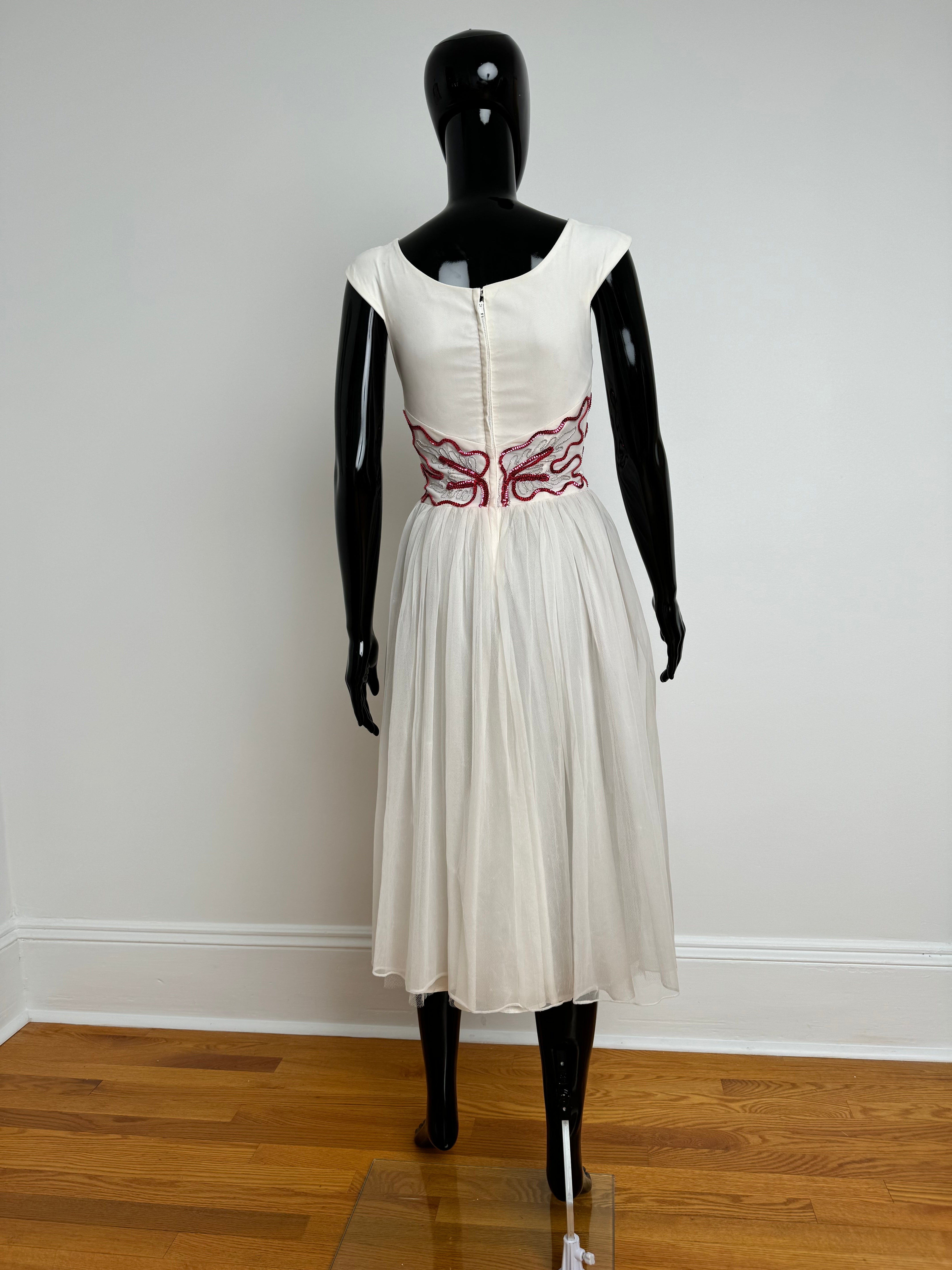 20s White & Pink Sequin & Tulle Dress