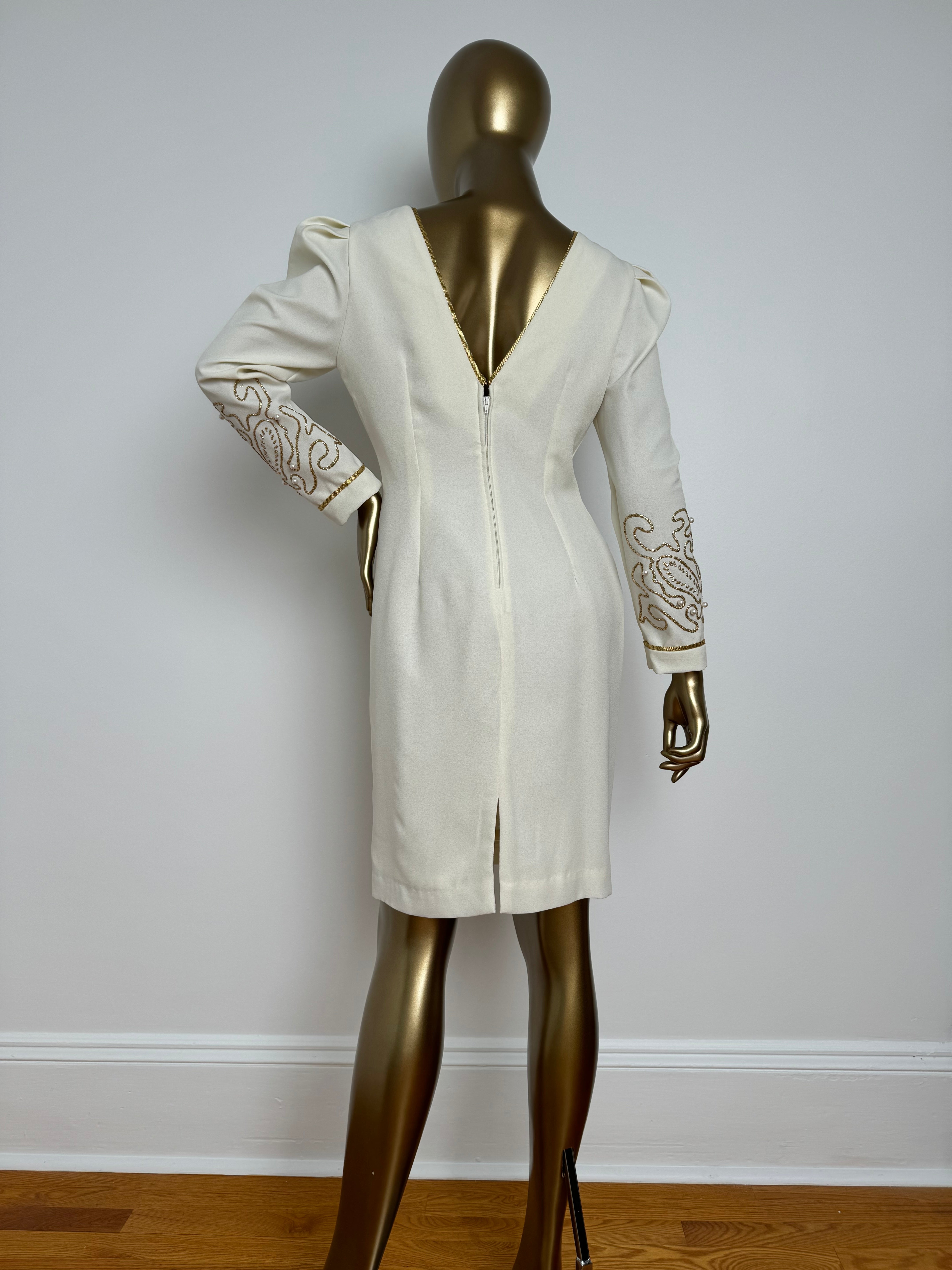 80s Pearl & Gold Puff Sleeve Dress with V Back