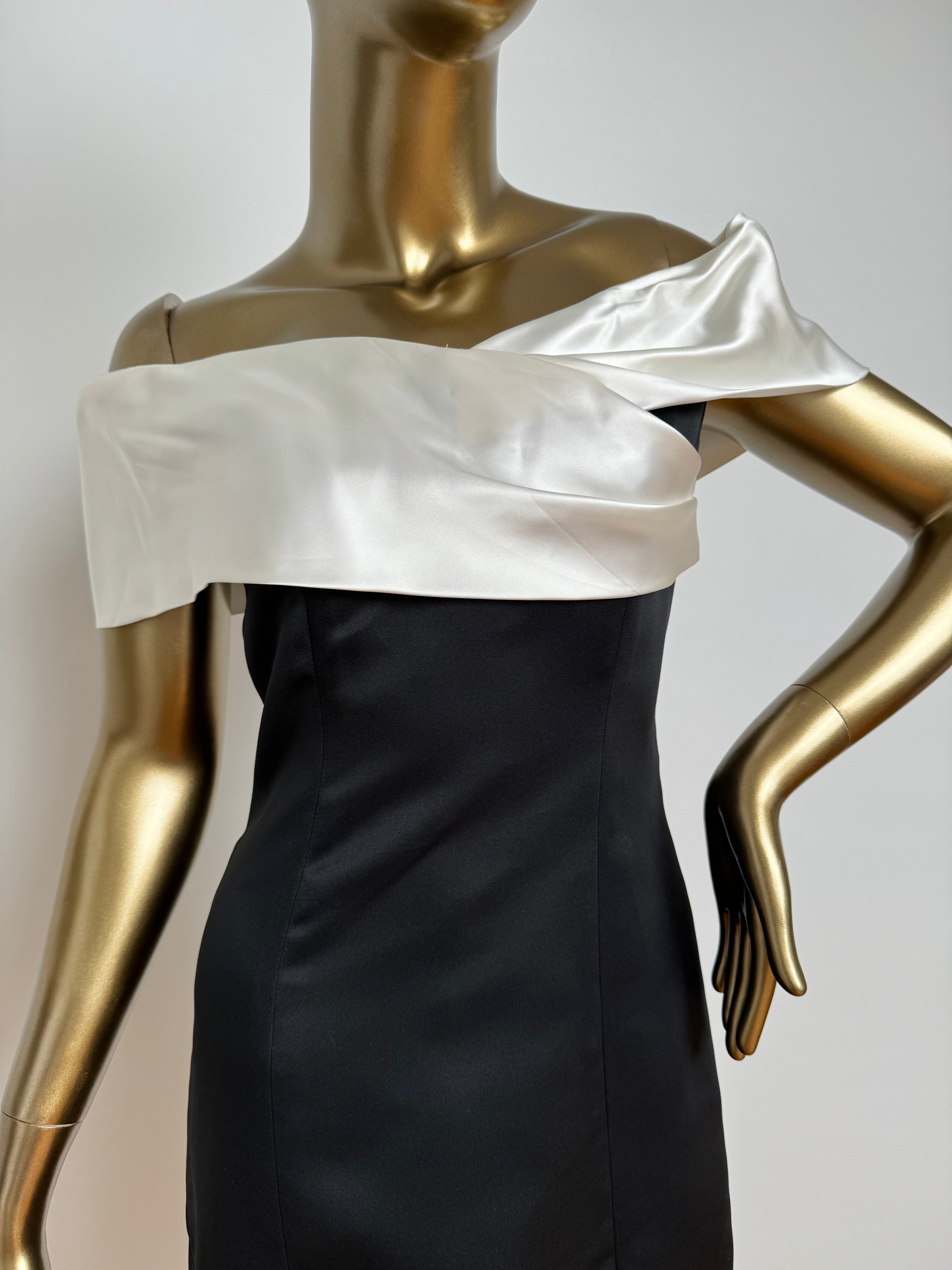 Black and White Satin Off the Shoulder Dress