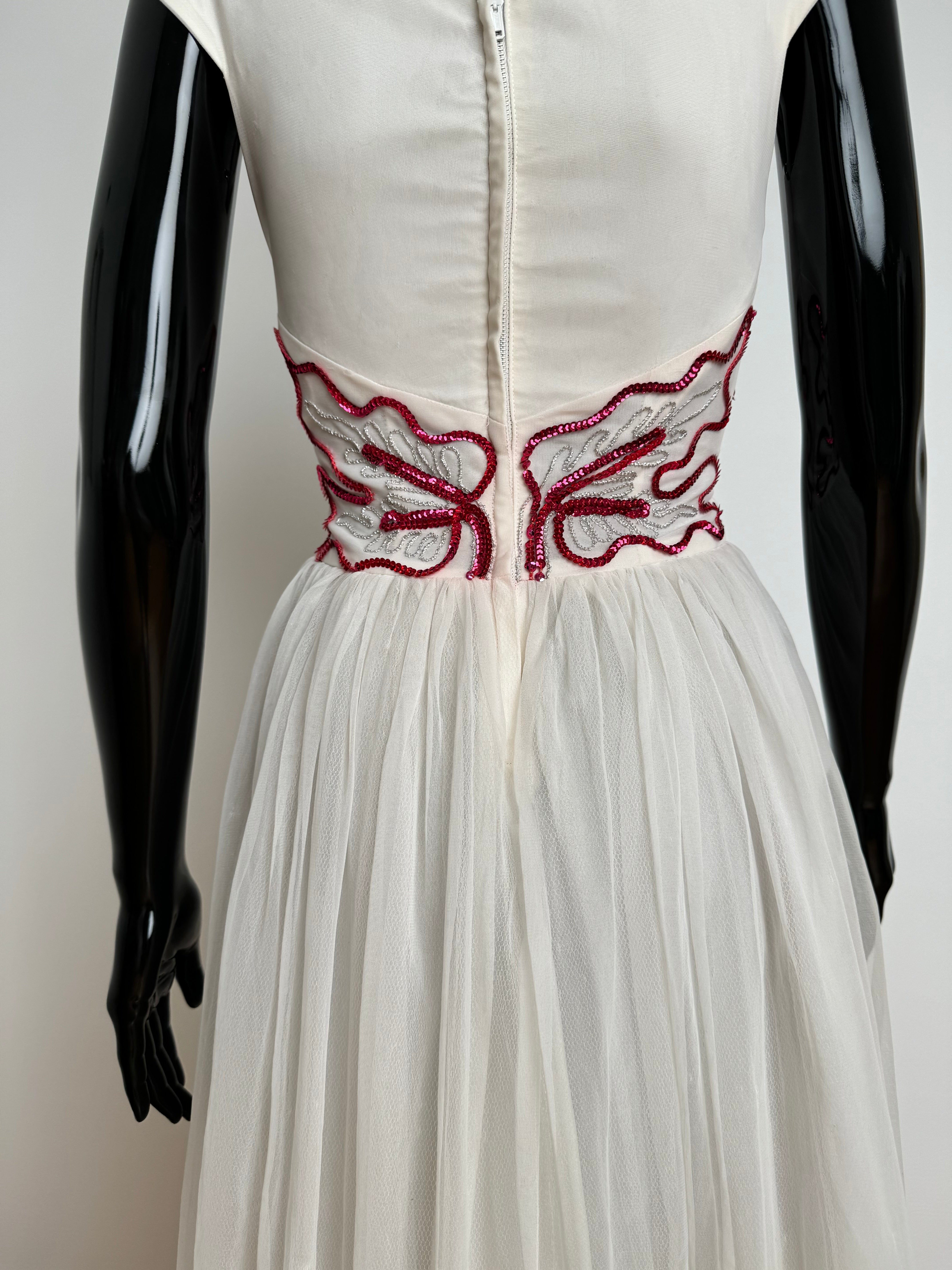 20s White & Pink Sequin & Tulle Dress