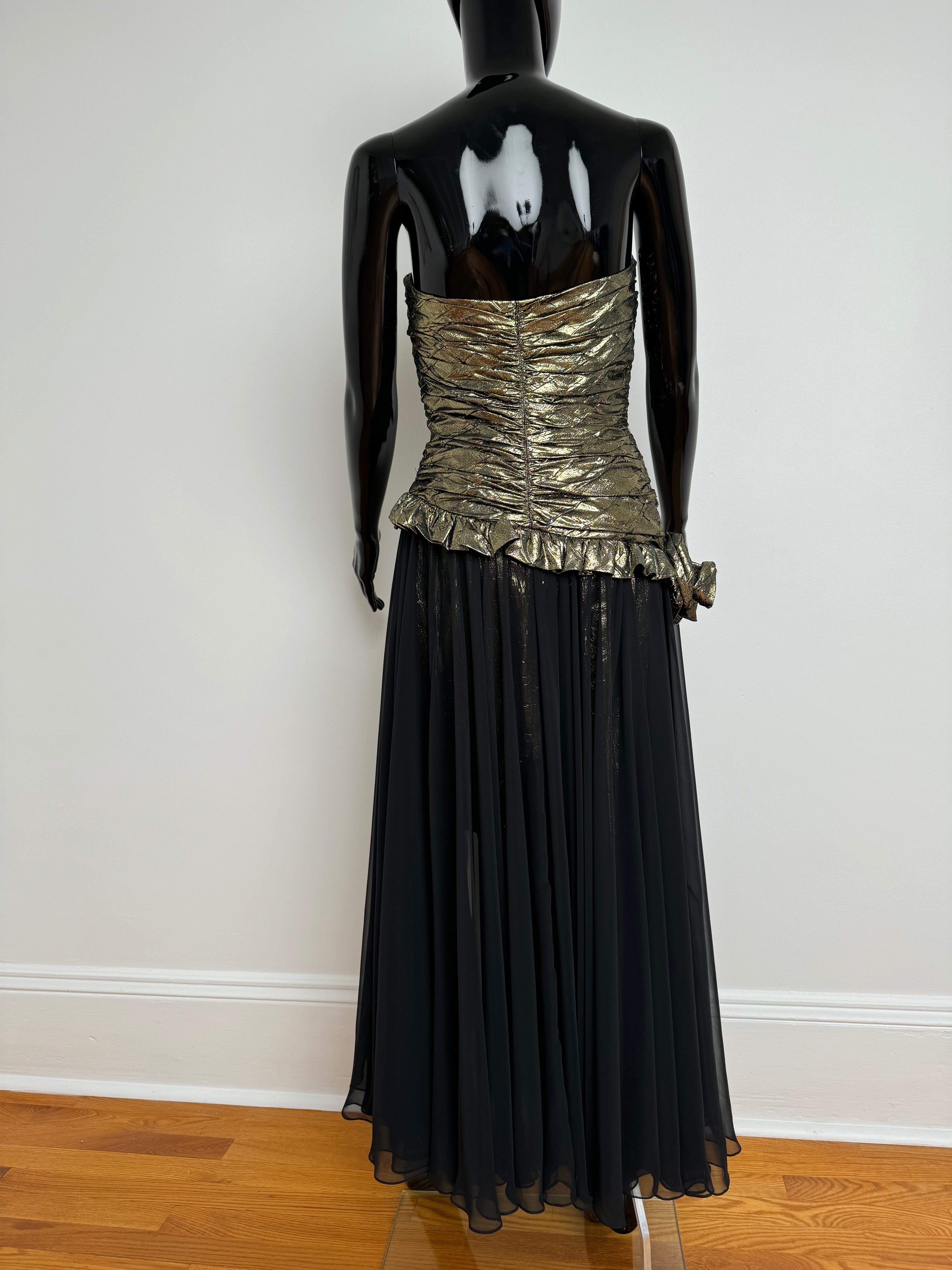 Strapless Gold Ruched Mini with Black Draped Overlay