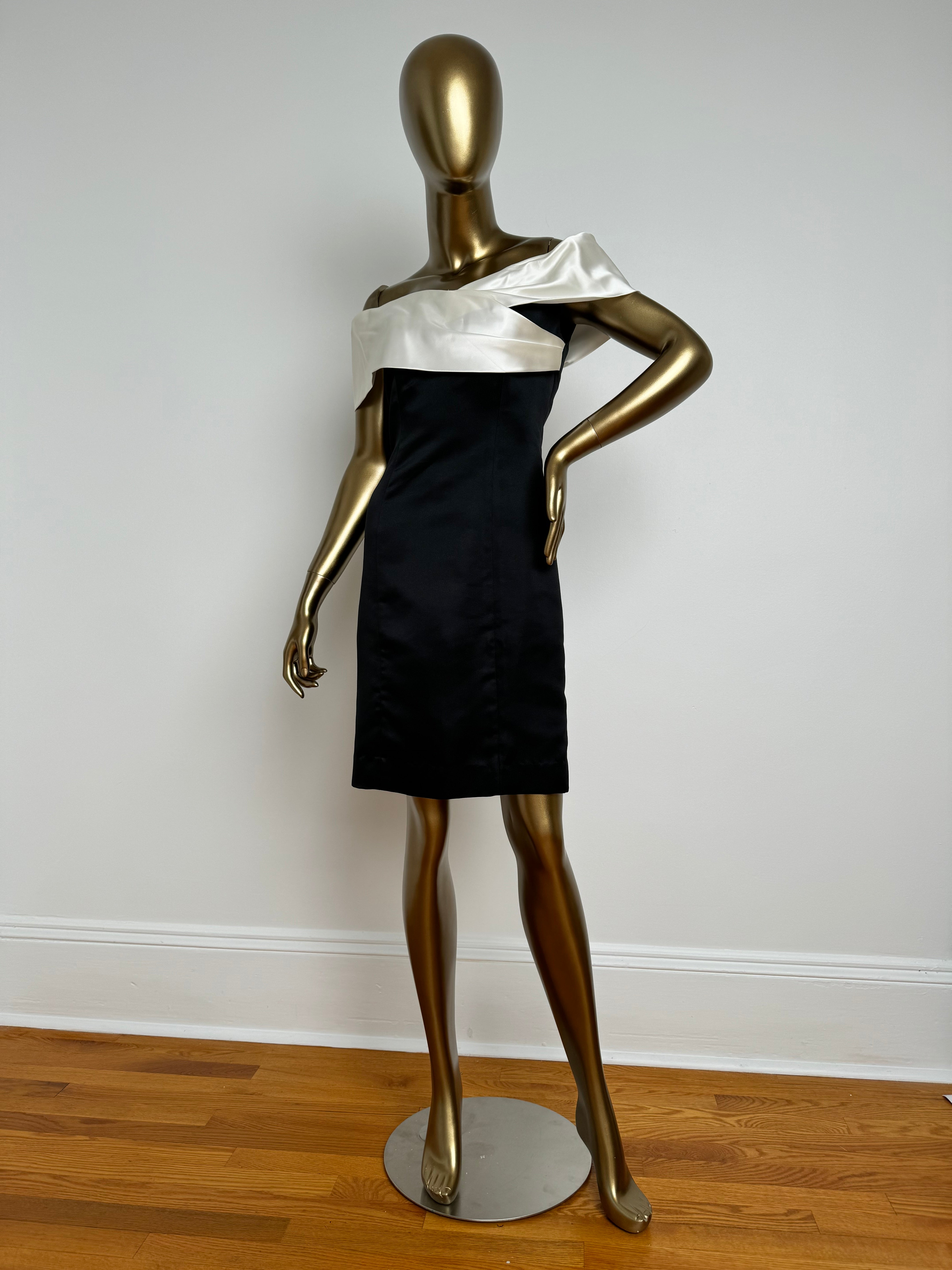 Black and White Satin Off the Shoulder Dress