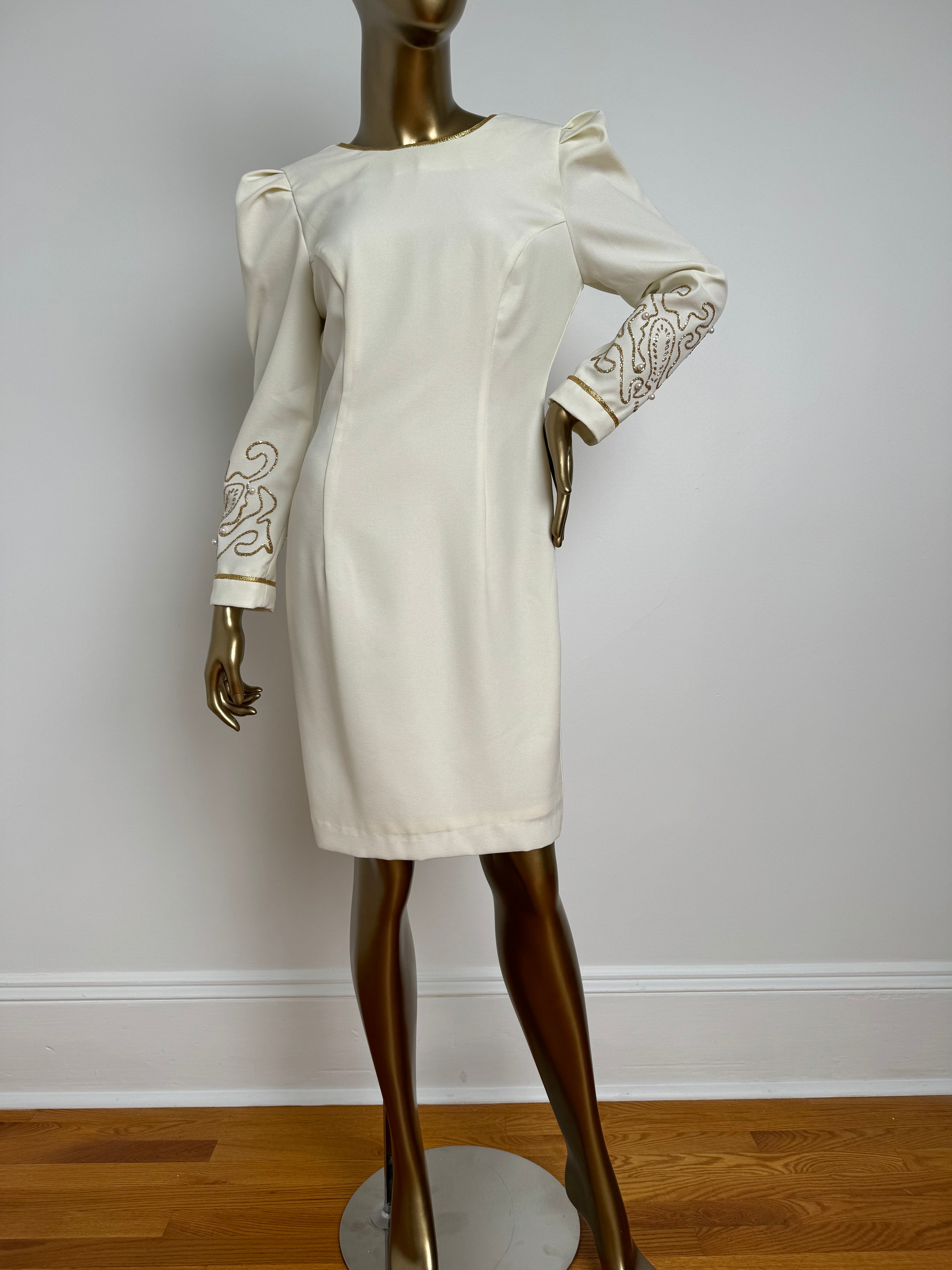 80s Pearl & Gold Puff Sleeve Dress with V Back