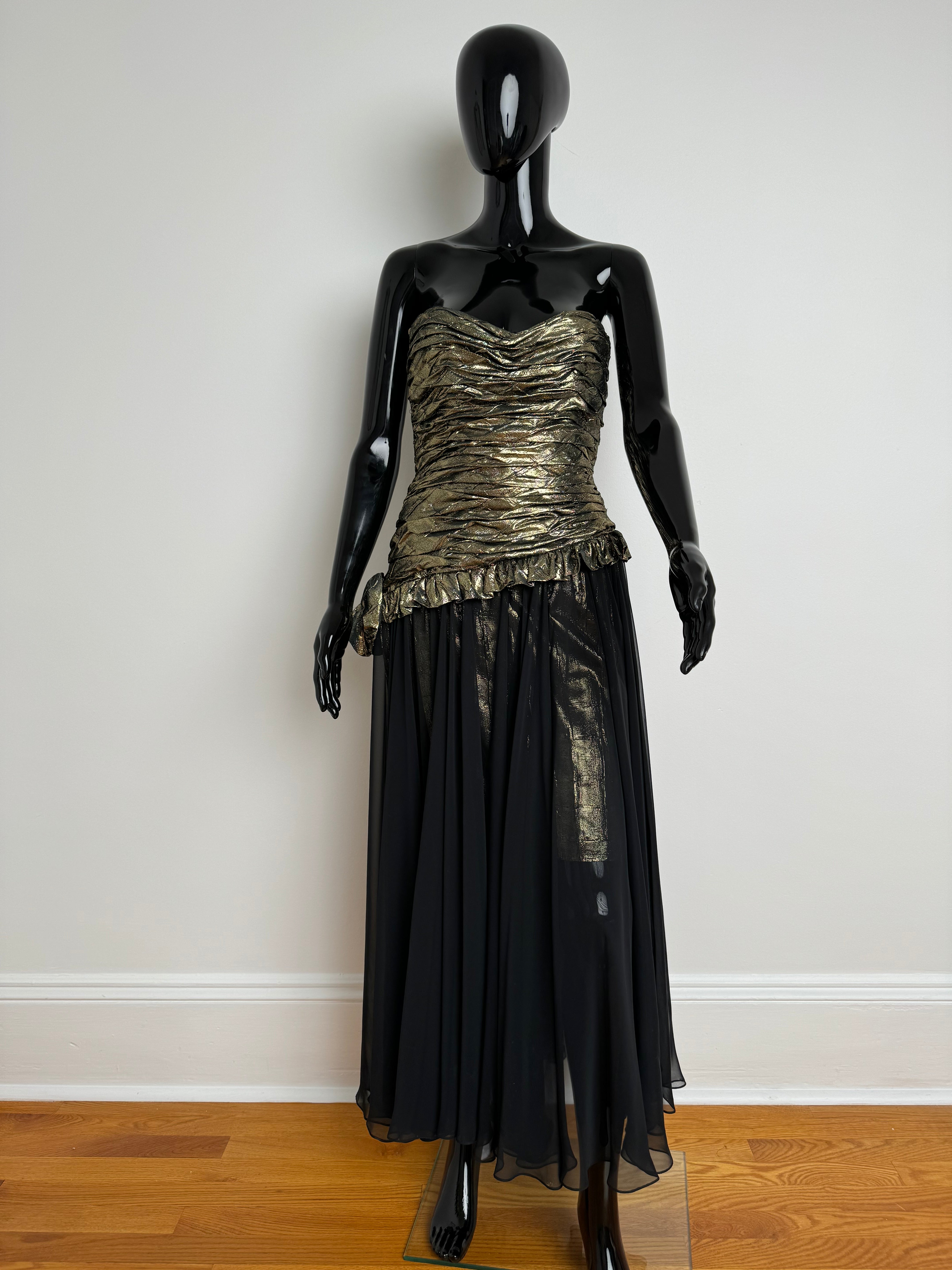 Strapless Gold Ruched Mini with Black Draped Overlay