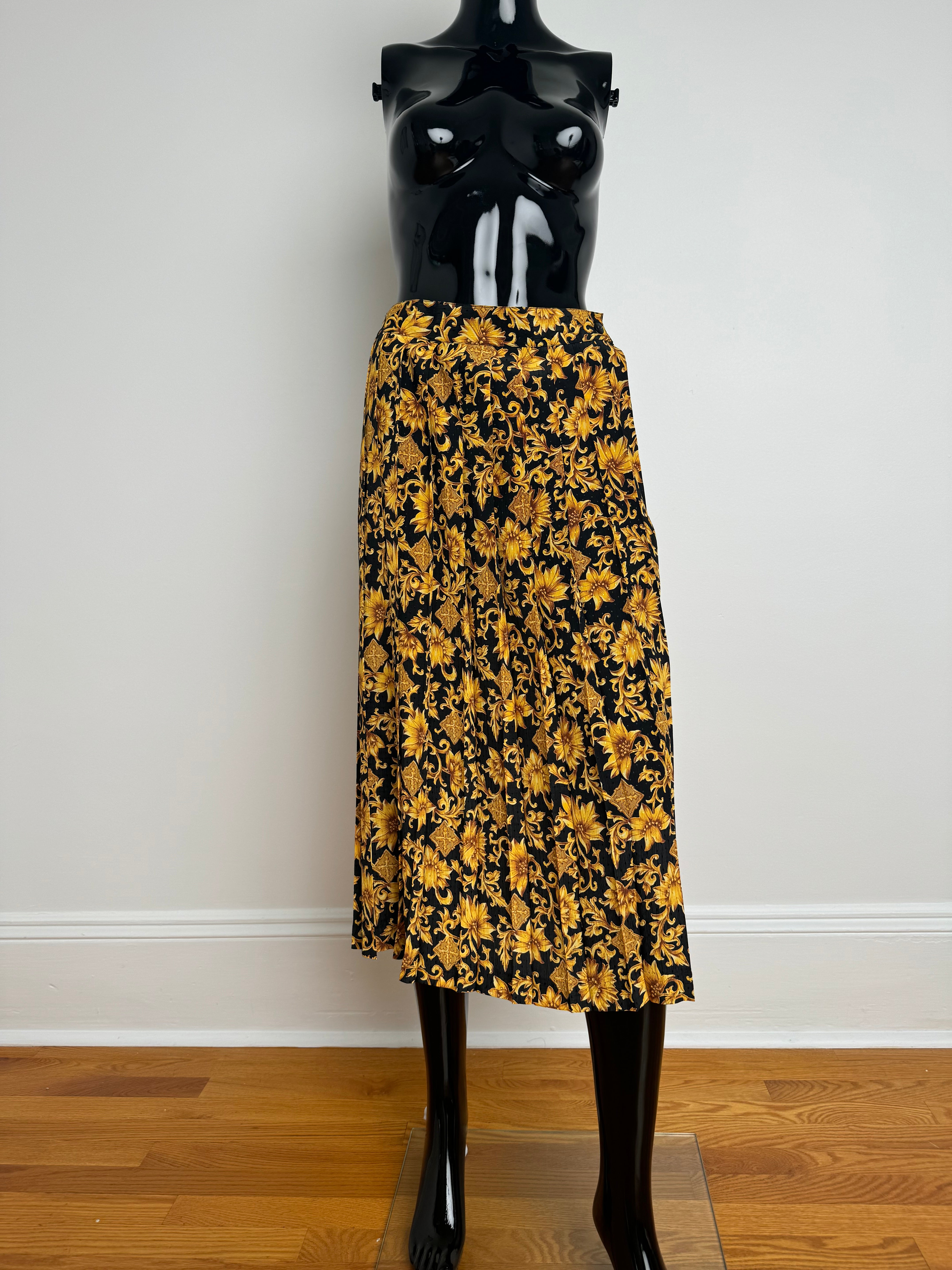 Pleated Midi Skirt with Gold Floral Print