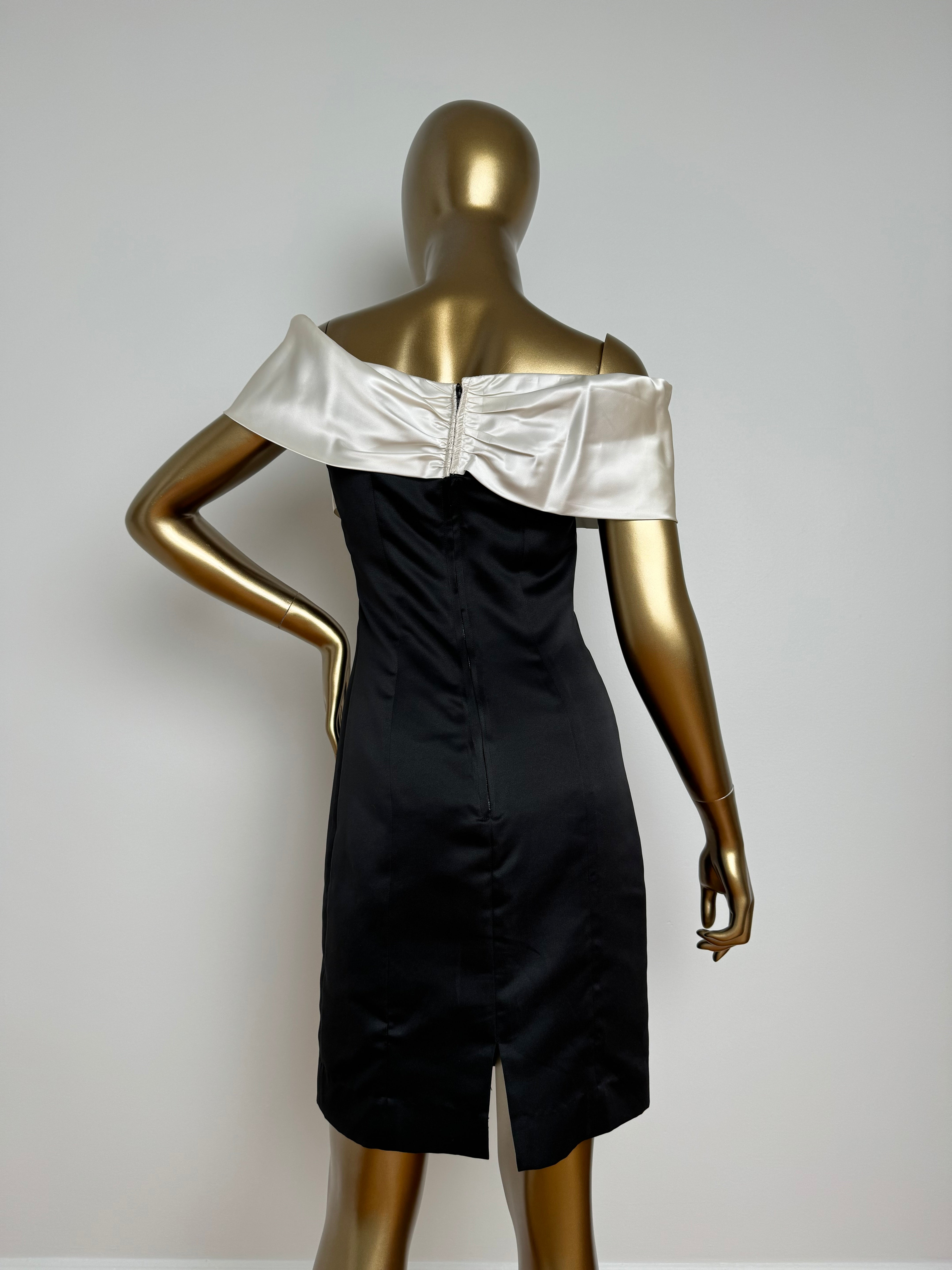 Black and White Satin Off the Shoulder Dress