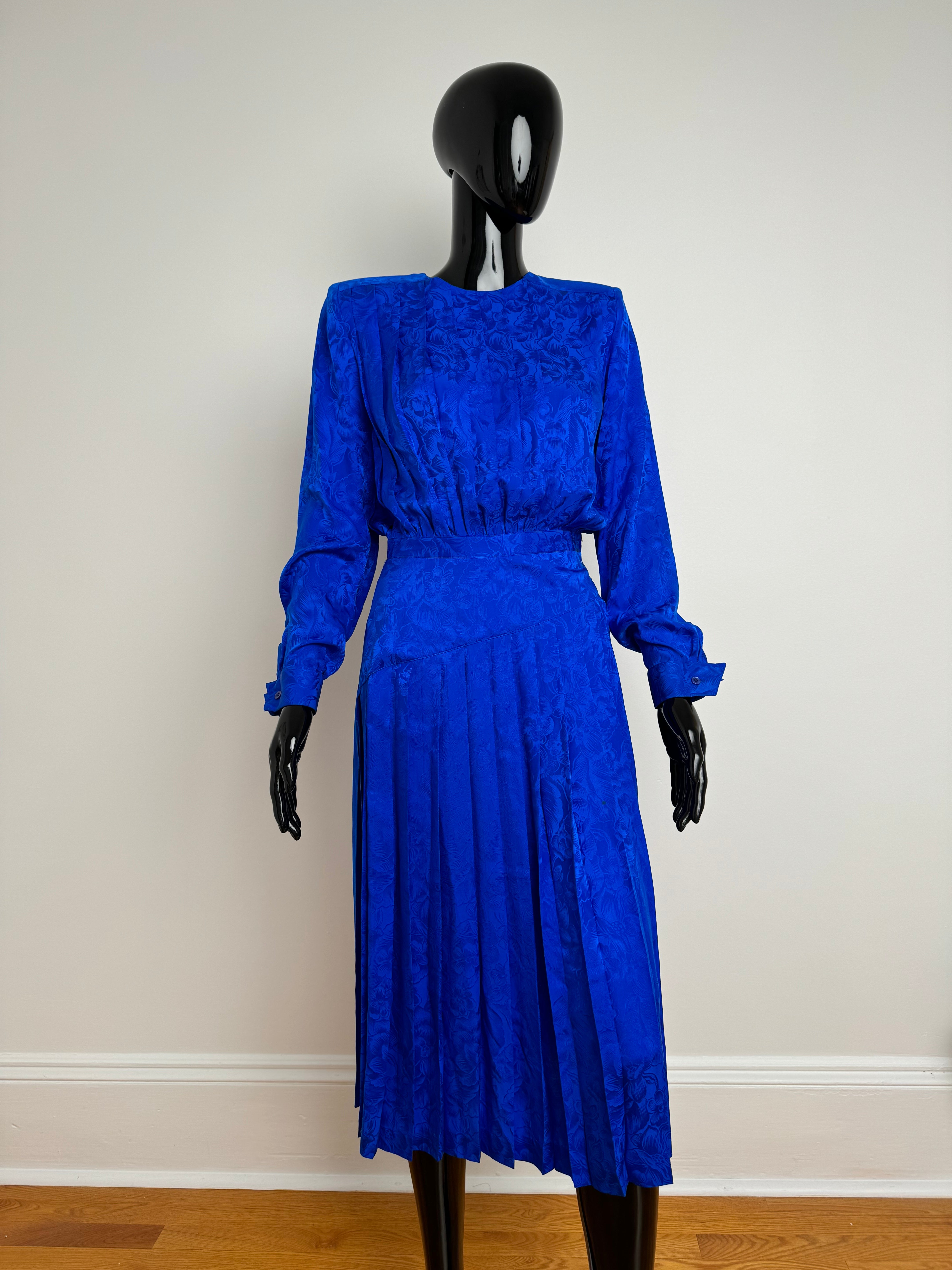 Blue Silk Paisley Pleated Midi Dress