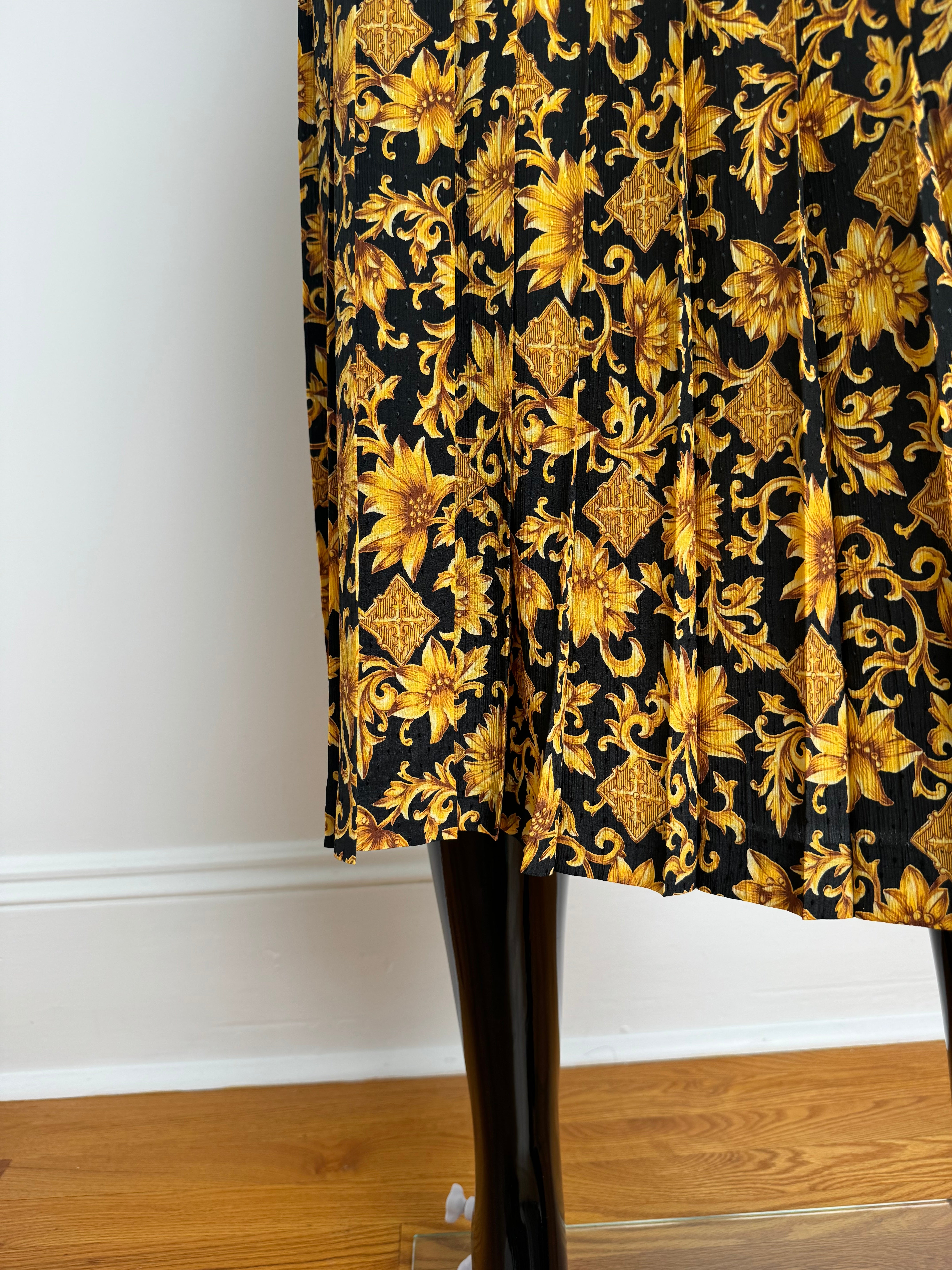 Pleated Midi Skirt with Gold Floral Print