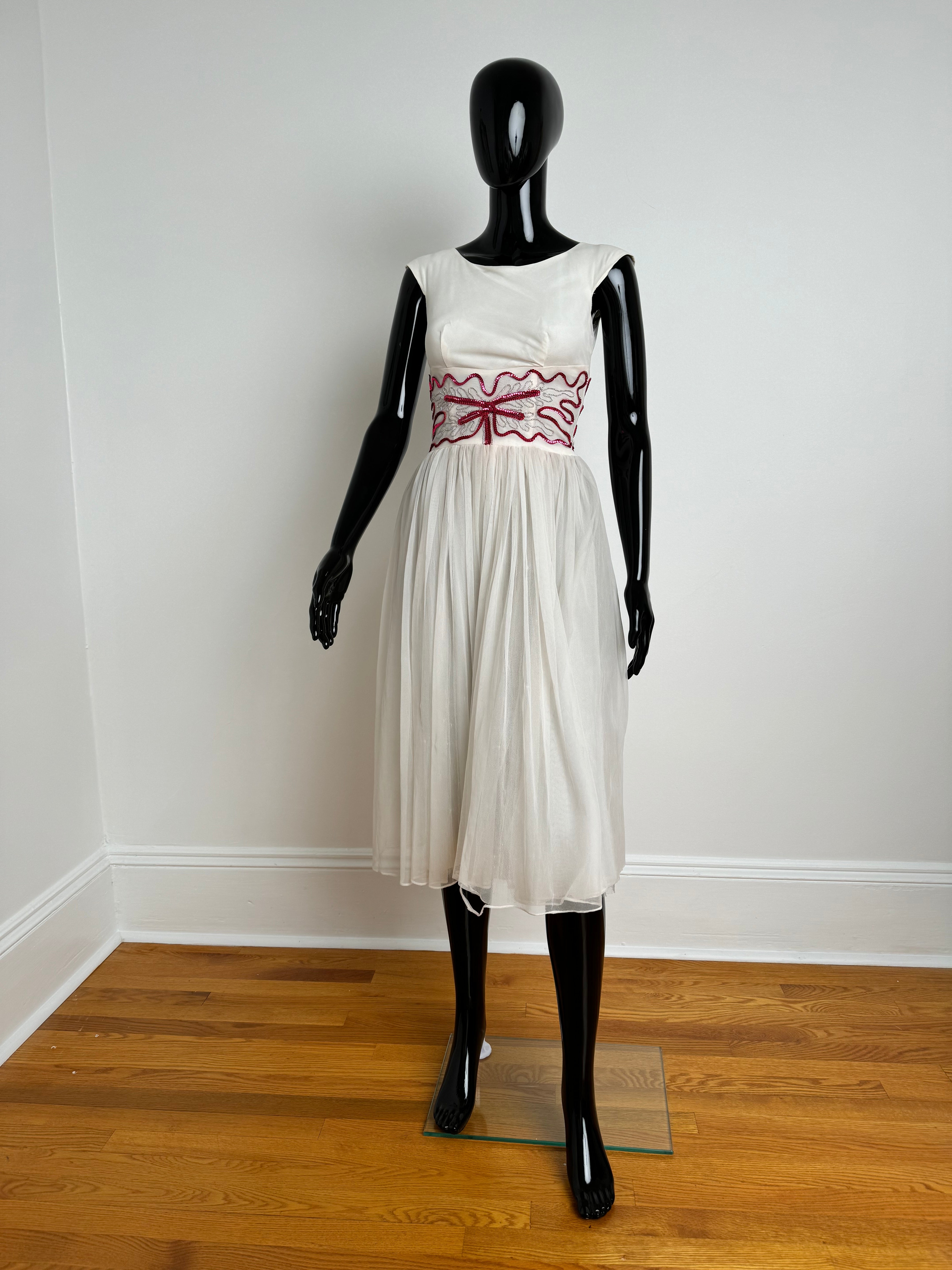 20s White & Pink Sequin & Tulle Dress