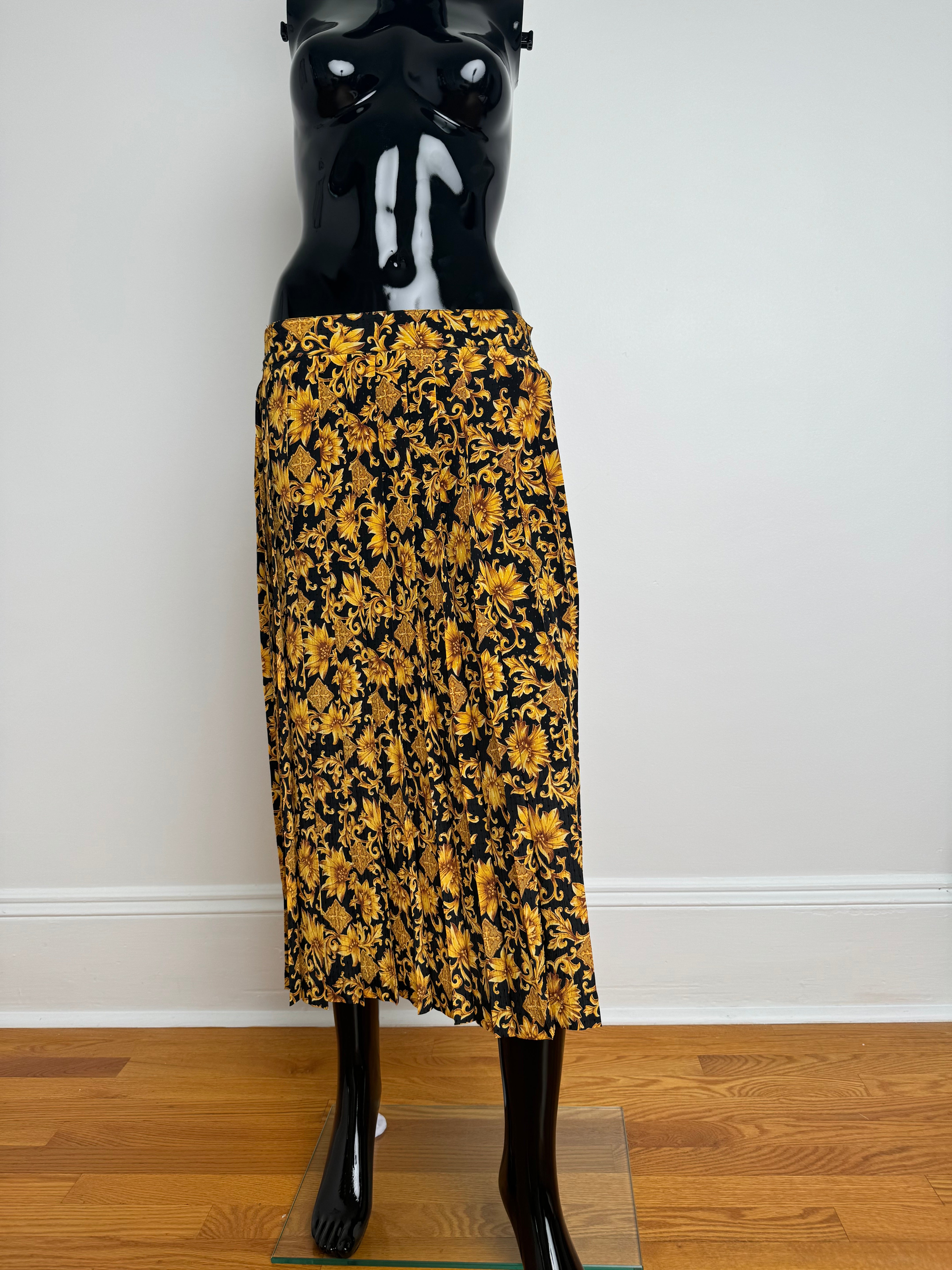 Pleated Midi Skirt with Gold Floral Print