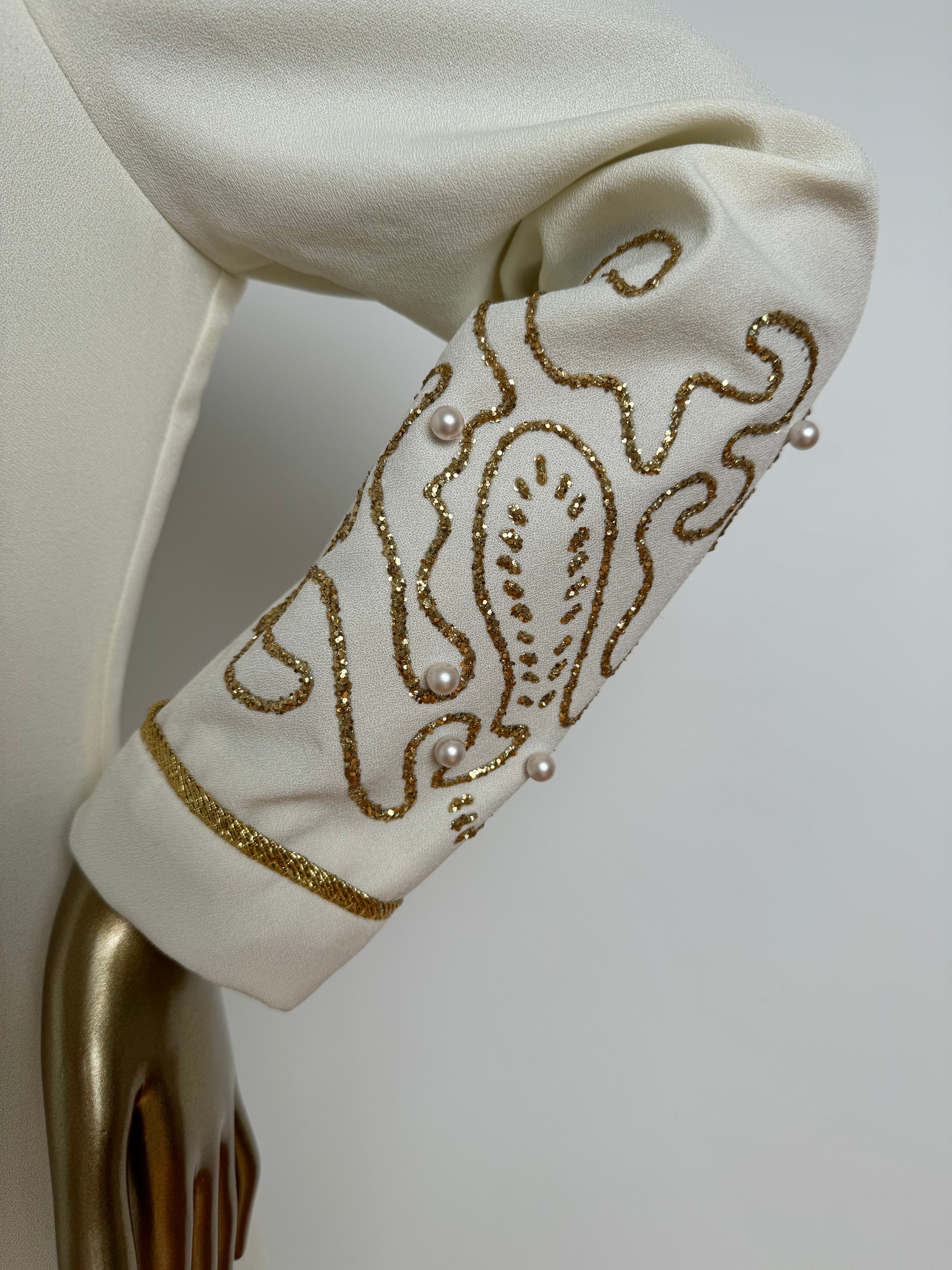 80s Pearl & Gold Puff Sleeve Dress with V Back