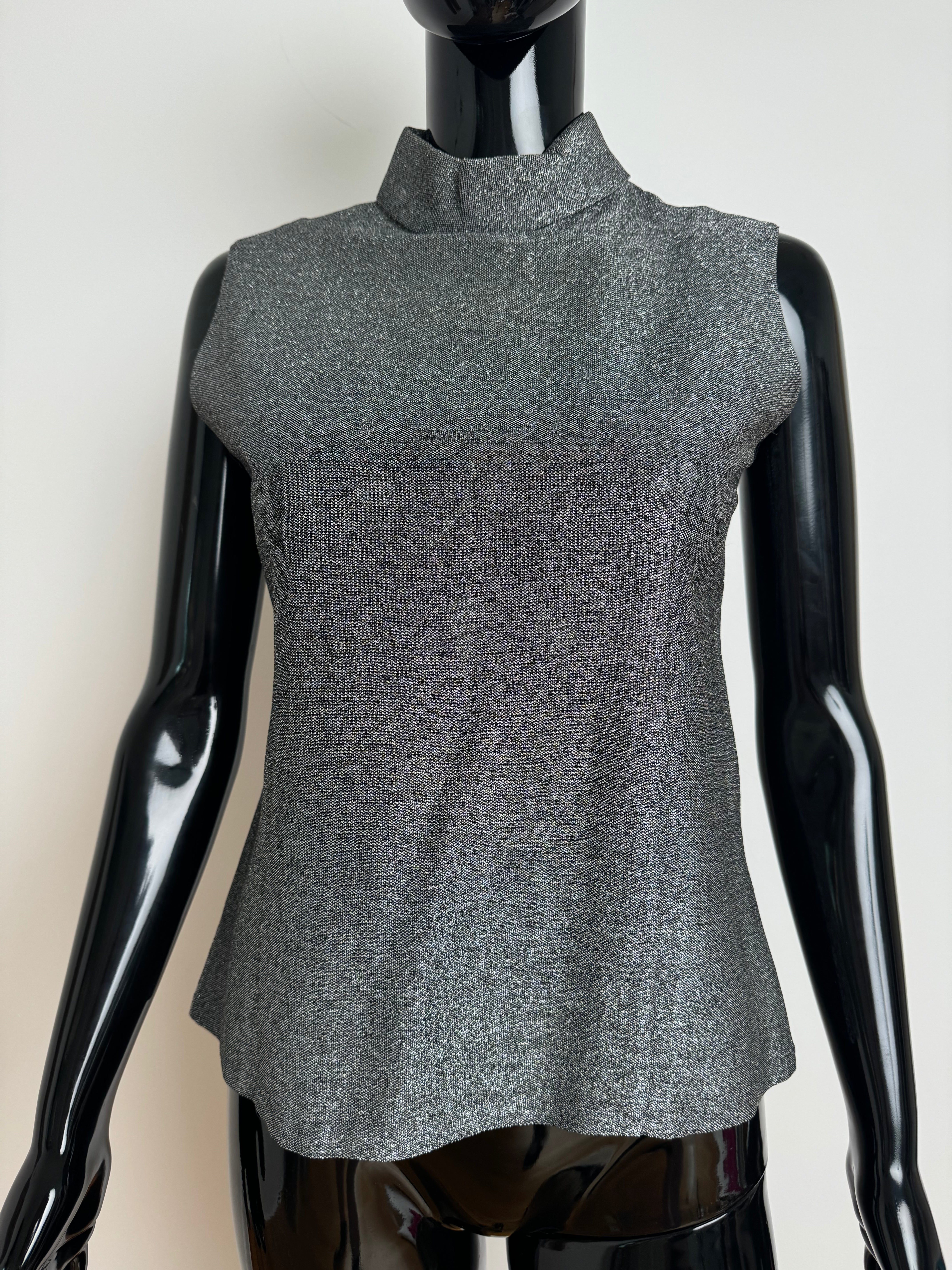 Silver Lurex Mock Neck Sleeveless Top