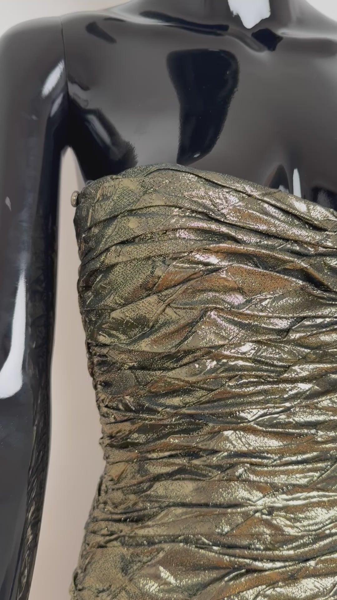 Strapless Gold Ruched Mini with Black Draped Overlay